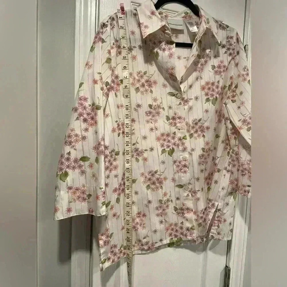 Alfred Dunner Floral Striped 3/4 Sleeve Collared Button Down Semi Sheer Size 14 - Picture 10 of 14